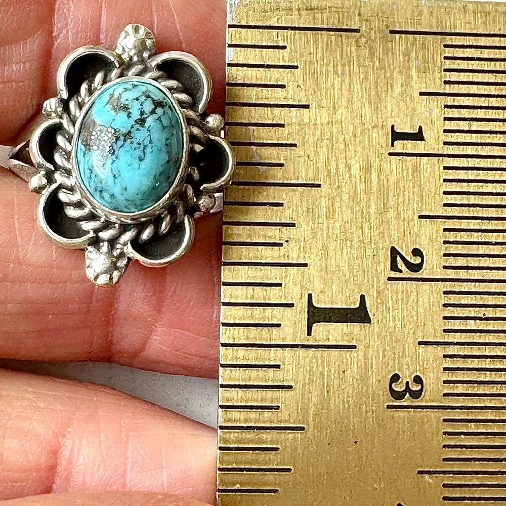 Navajo Flower Ring Turquoise Sz 7.5 Sterling Silver Signed Morgan Native Amer